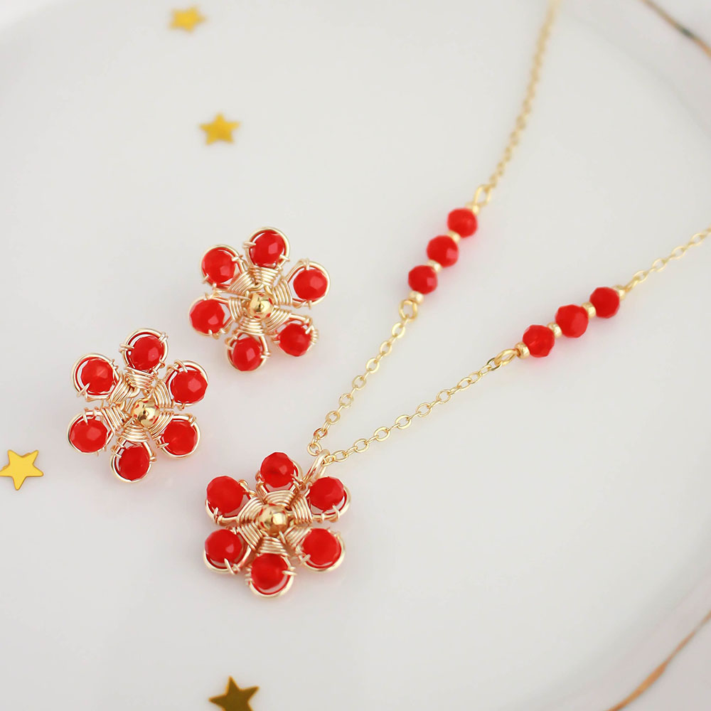 Juego Flor mini - Collar + aros / Rojo