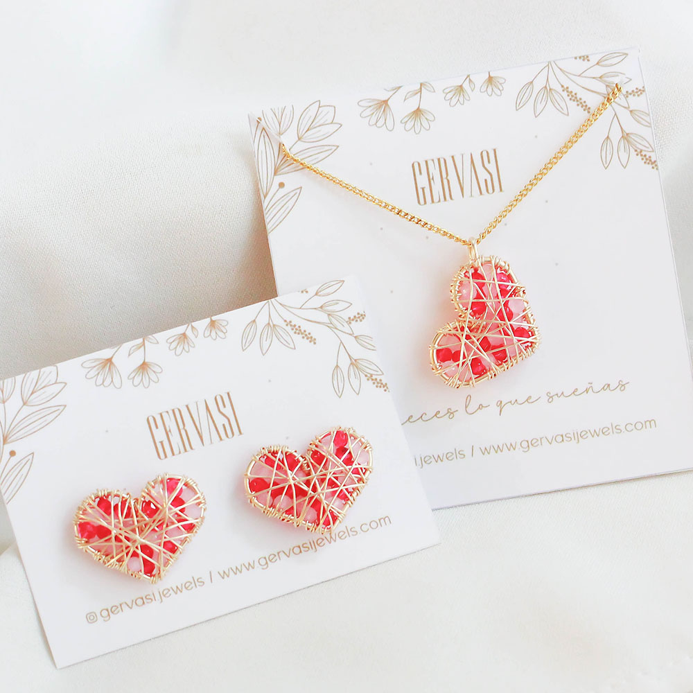 Juego corazón - Collar + Aros Fucsia y rosado