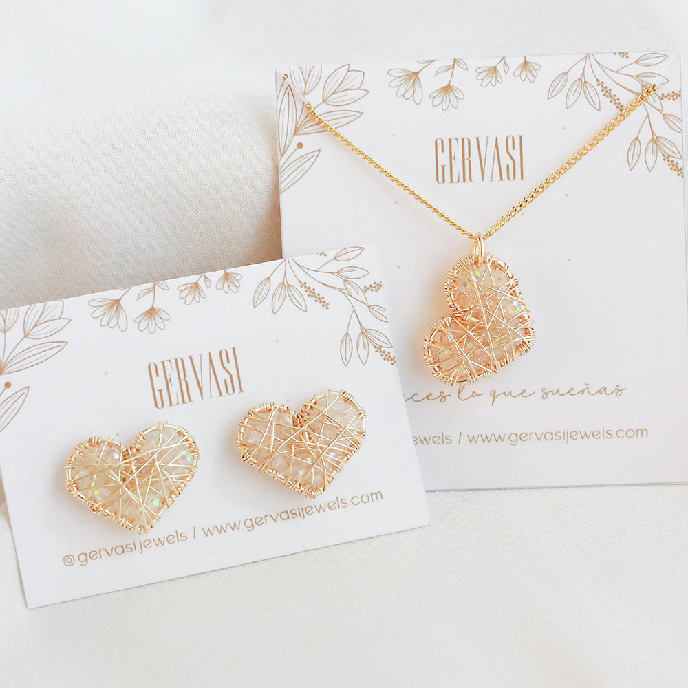 Juego corazón - Collar + Aros. Transparente