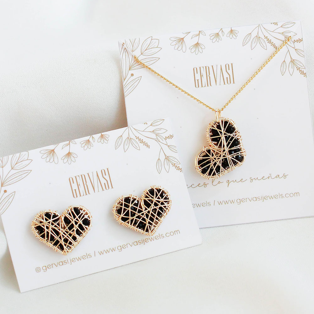 Juego corazón - Collar + Aros. Negro