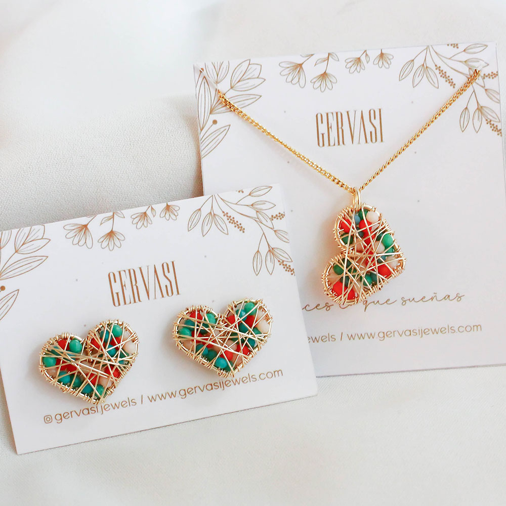 Juego corazón - Collar + Aros. Turquesa, nude y anaranjado